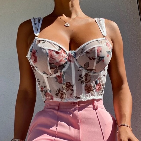 NWOT Floral Print Mesh Corset Bra with Underwire - Picture 2 of 13